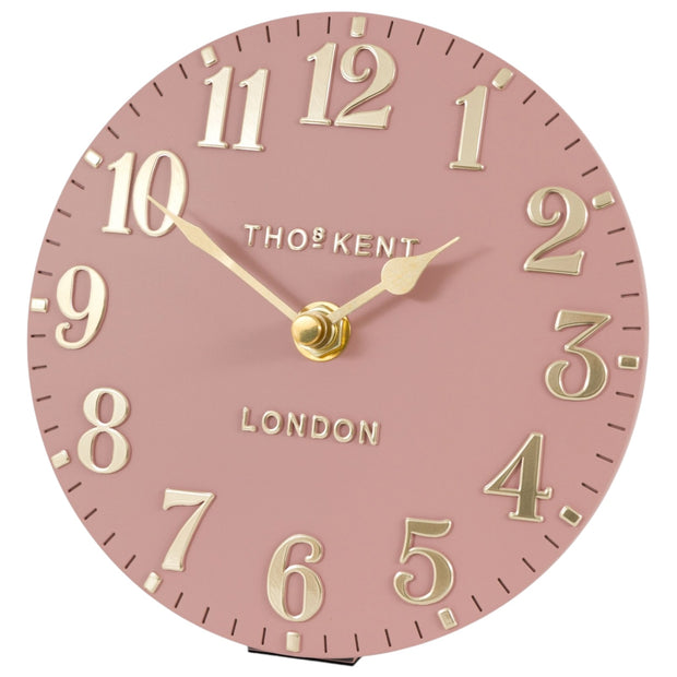 Thomas Kent 6-inch Arabic mantle clock in blush pink with a classic round face and black Arabic numerals, decorative gold accents.