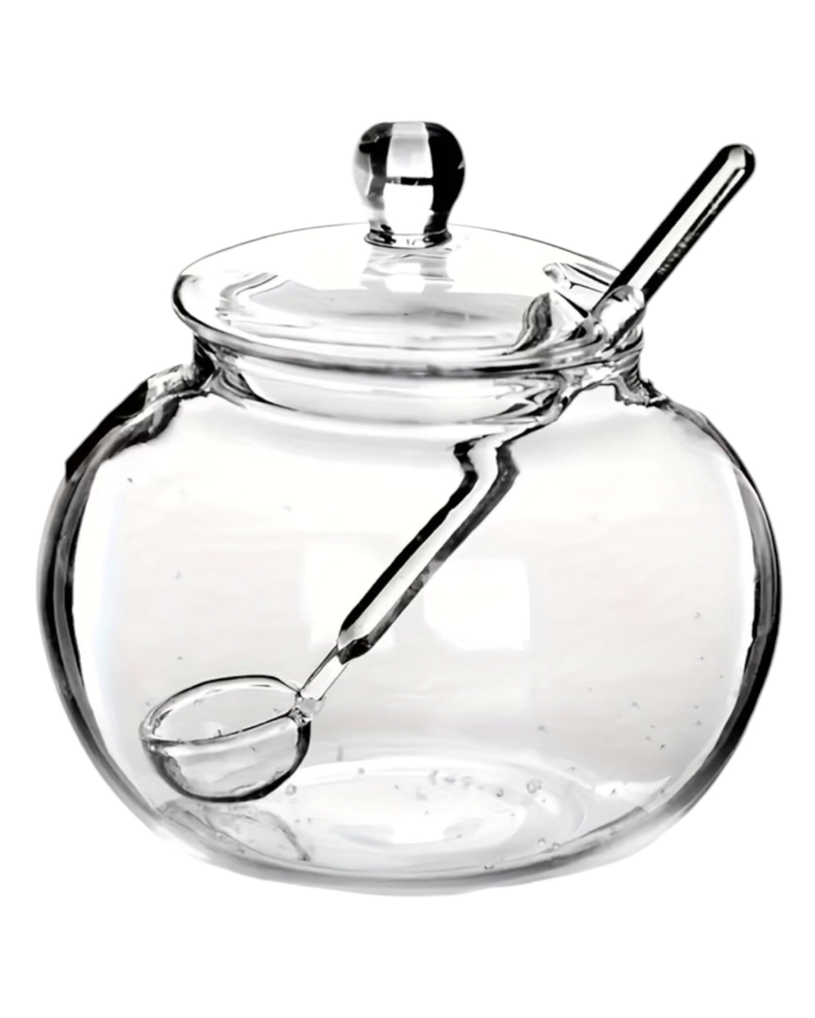 Glass Sugar Or Honey Pot And Spoon