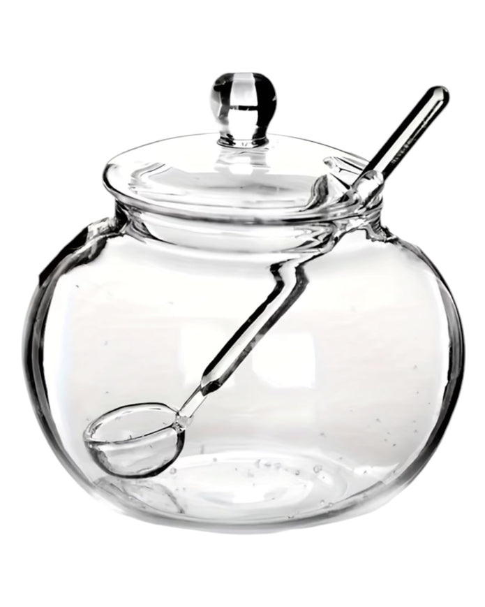 Glass Sugar Or Honey Pot And Spoon
