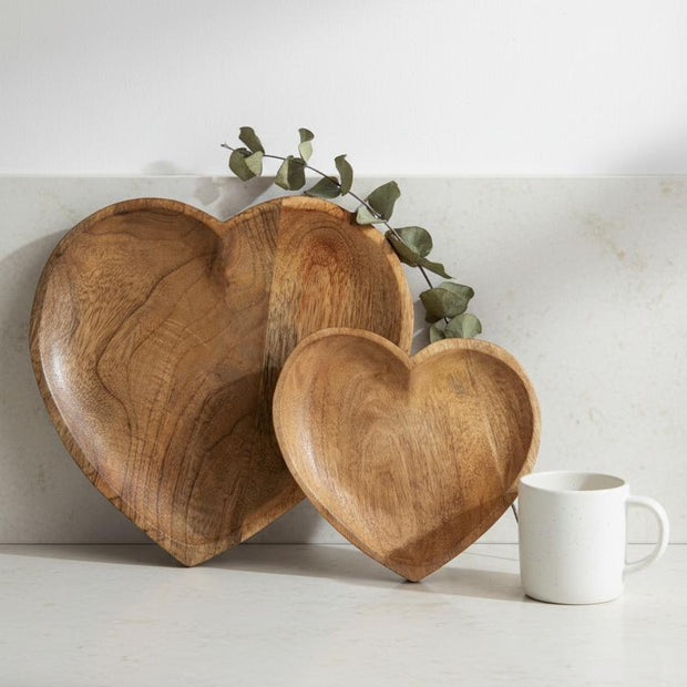 Wooden Heart Trays, two heart-shaped wooden trays beside a white mug
