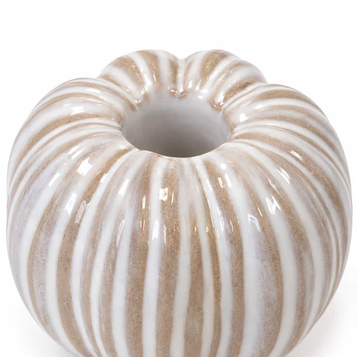 Ceramic Natural Pumpkin Dinner Candle Holder, top view of the striped pumpkin holder's candle socket