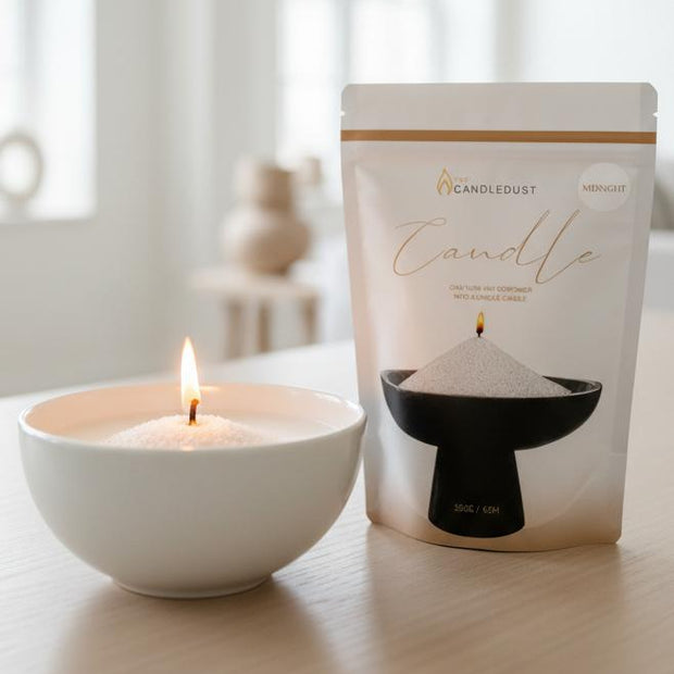 White Scented Candle Sand Kit – Midnight, candle-sand pouch beside a lit white bowl by a window