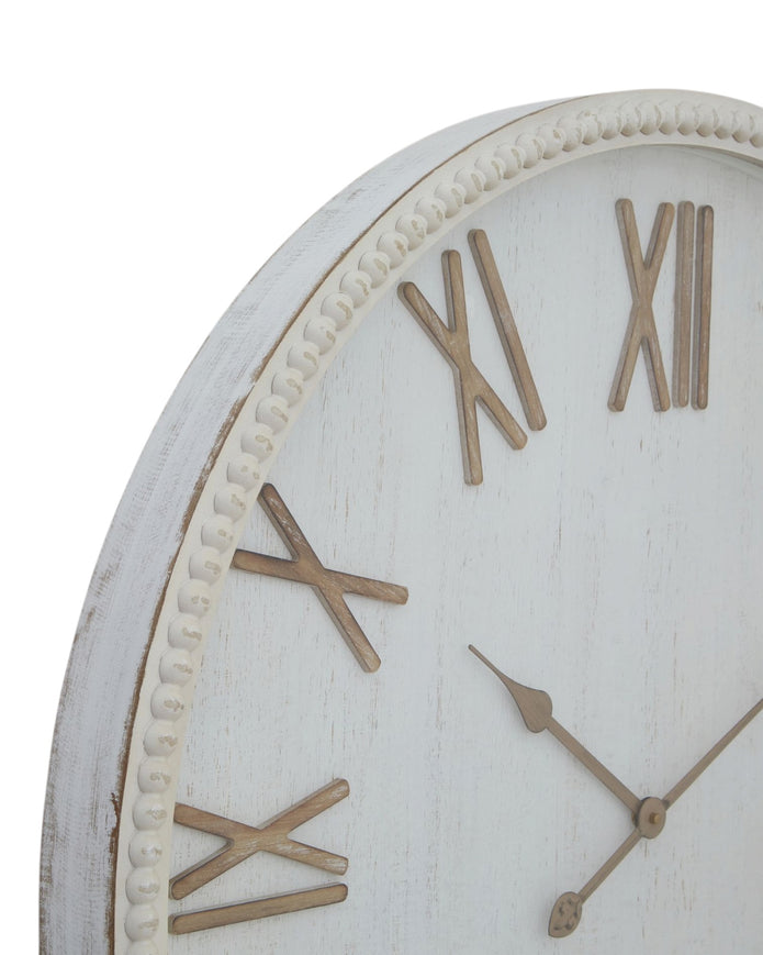 Large rustic white clock with beaded frame by Hill Interiors, showcasing a vintage-inspired design and decorative timepiece.