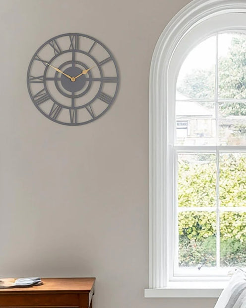Thomas Kent 16" Bright Star Wall Clock Slate Grey, slate grey open-face clock beside an arched window