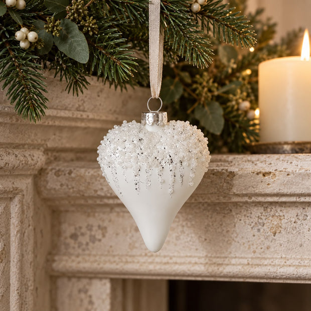 White Bead Top Glass Heart Bauble
