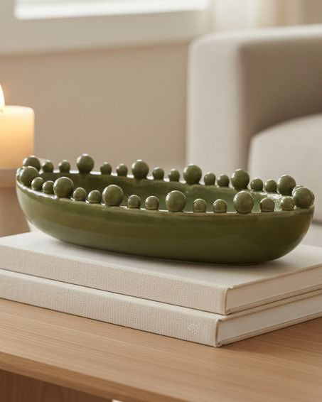 Oval Extra Large Olive Green Bobble Bowl | Decorative Ball Bowl