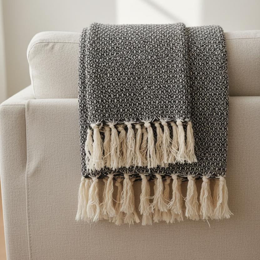 Black Recycled Yarn Blanket Throw, dark knitted throw with cream tassels over a sofa