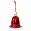 Burgundy metal bell with star cut-outs and a natural rope hanger on white