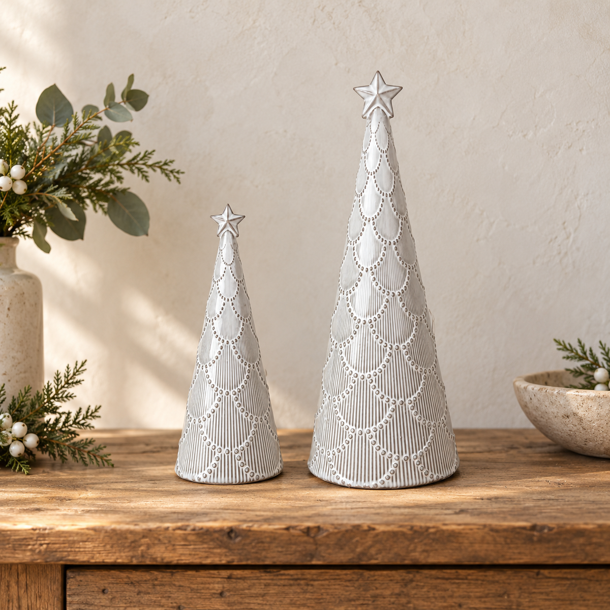 Glazed ceramic Christmas tree ornaments in Medium and Large sizes styled side by side