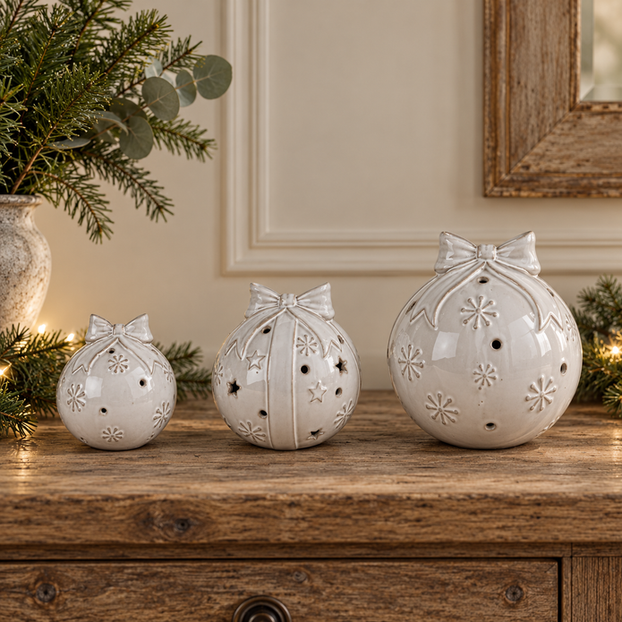 Glazed ceramic bauble ornaments with bows in Small, Medium and Large sizes styled together