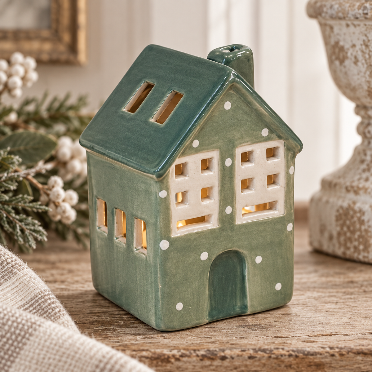Green Ceramic Light Up LED House With Snowball – close-up product detail