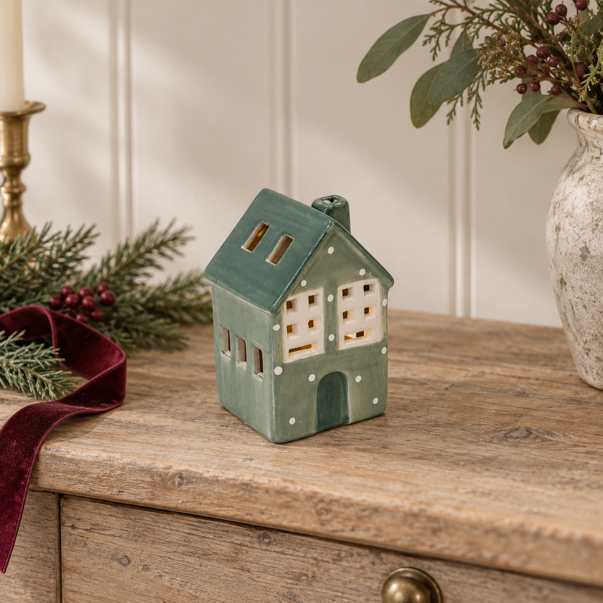 Green Ceramic Light Up LED House With Snowball – styled British country home view