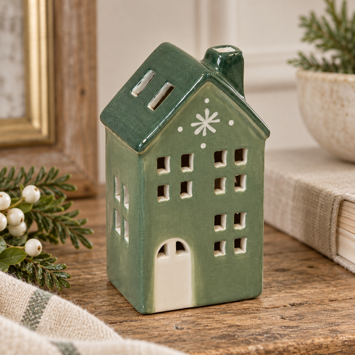 Green Ceramic Light Up LED House With Snowflake – close-up product detail
