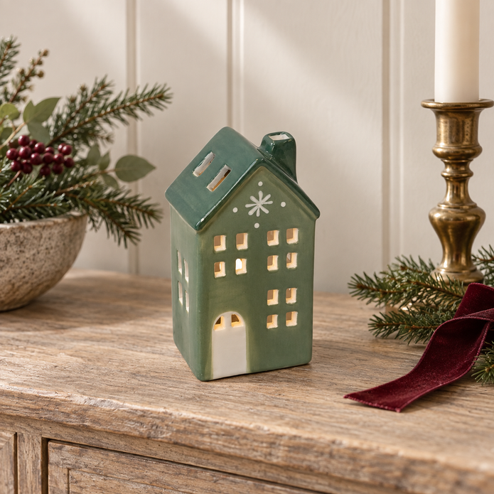 Green Ceramic Light Up LED House With Snowflake – styled British country home view