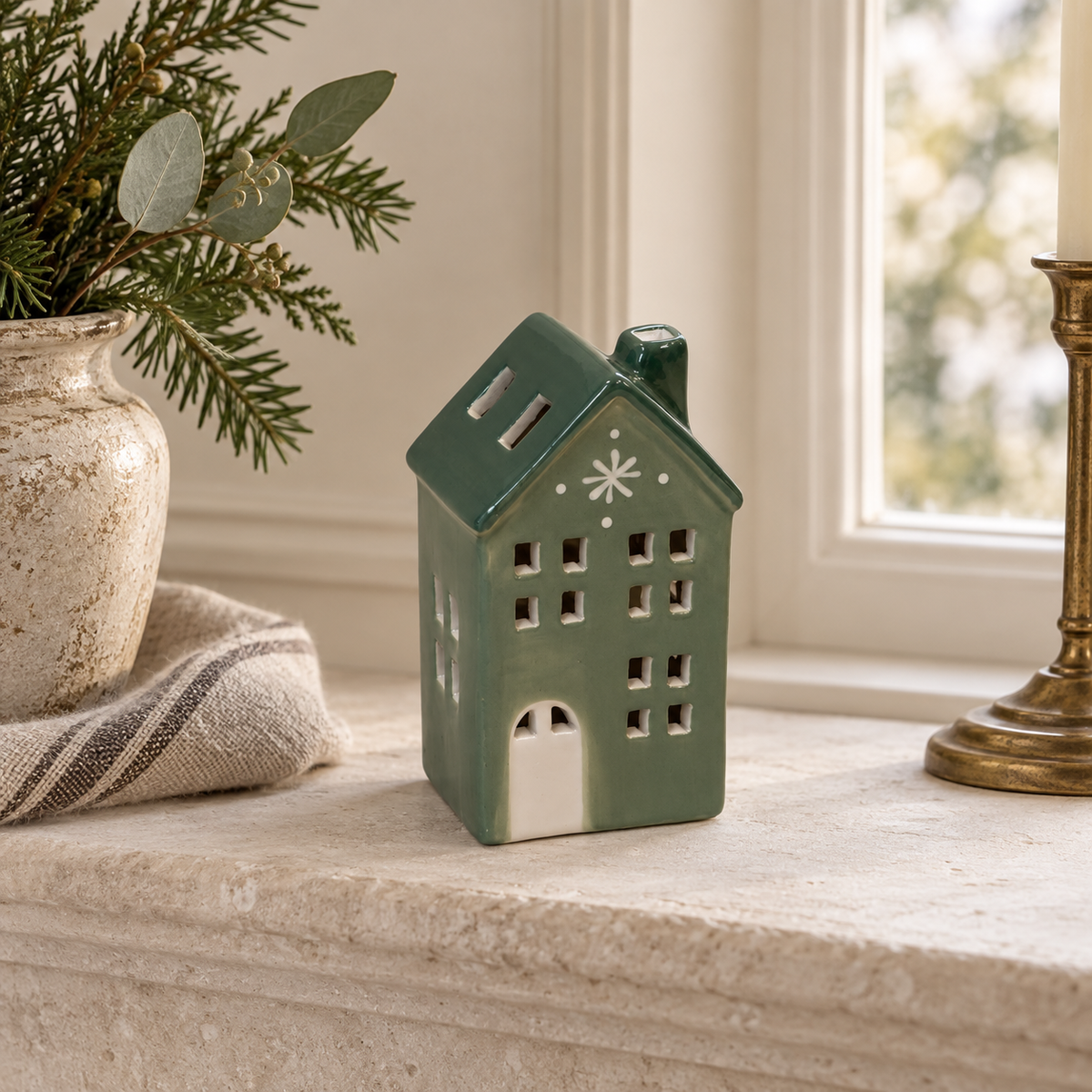 Green Ceramic Light Up LED House With Snowflake – styled British country home view
