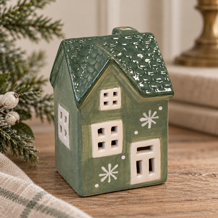 Green Ceramic Light Up LED House With Double Snowflake – close-up product detail