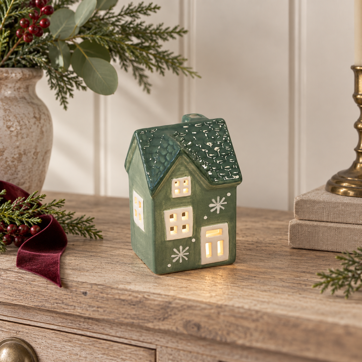 Green Ceramic Light Up LED House With Double Snowflake – styled British country home view