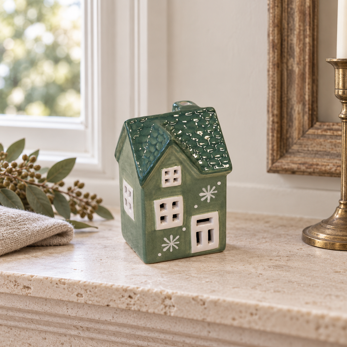 Green Ceramic Light Up LED House With Double Snowflake – styled British country home view