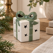 White And Green Light Up LED Ceramic Present – close-up product detail