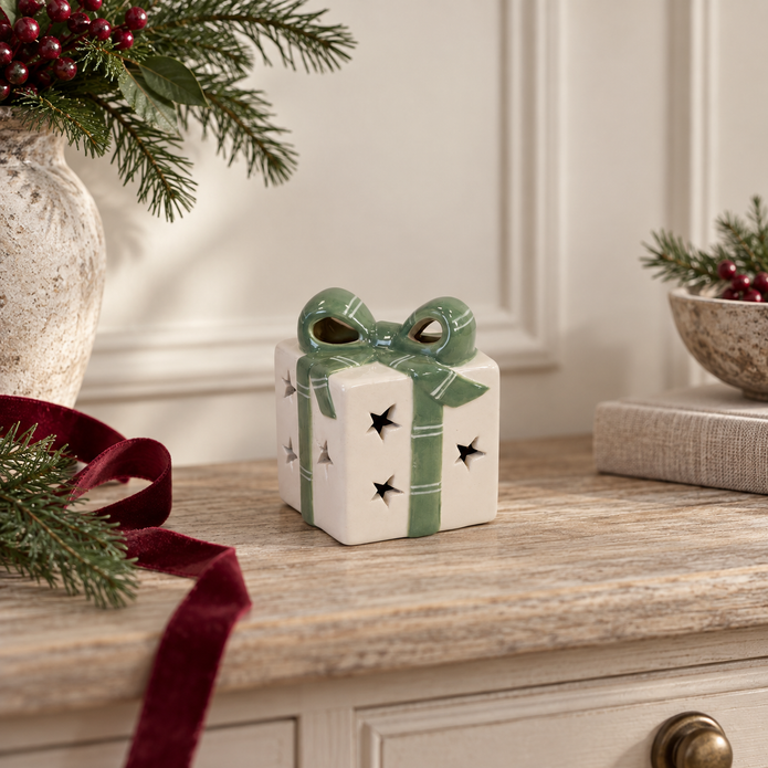 White And Green Light Up LED Ceramic Present – styled British country home view