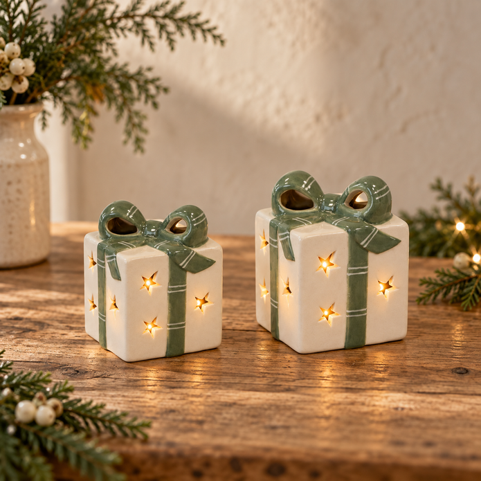 White and green LED ceramic presents in Medium and Large sizes styled side by side