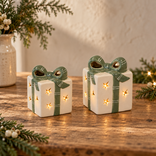 White and green LED ceramic presents in Medium and Large sizes styled side by side