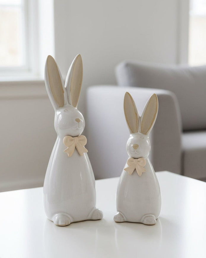 Ceramic Natural Rabbit With Bow