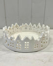 White Glazed Ceramic Candle Tray With Silhouette Houses Design