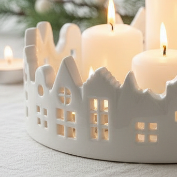White Glazed Ceramic Candle Tray With Silhouette Houses