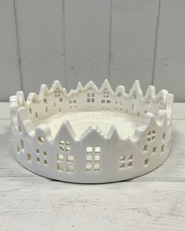 White Glazed Ceramic Candle Tray With Silhouette Houses Design
