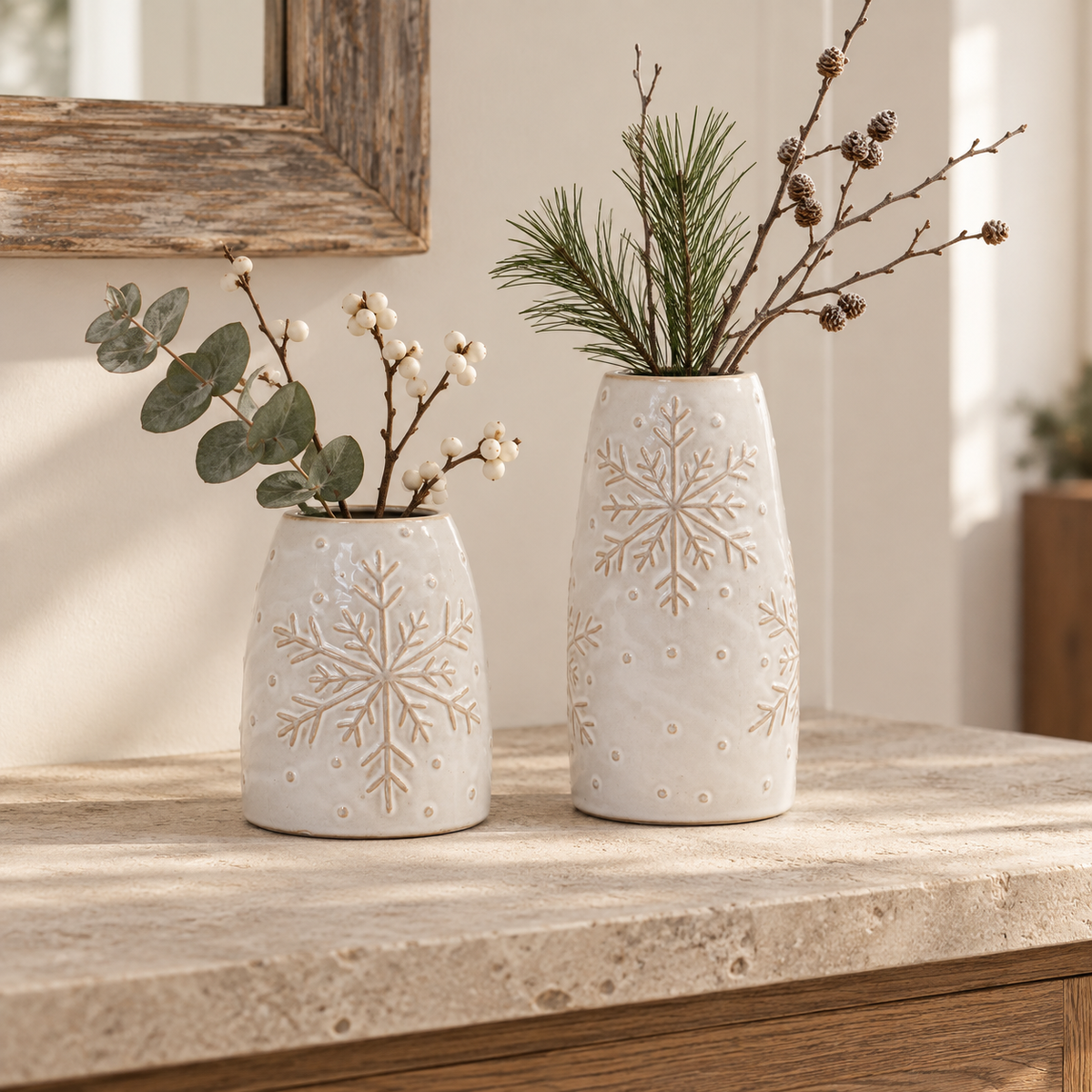 Frosted snowflake ceramic vases in Medium and Large sizes styled side by side