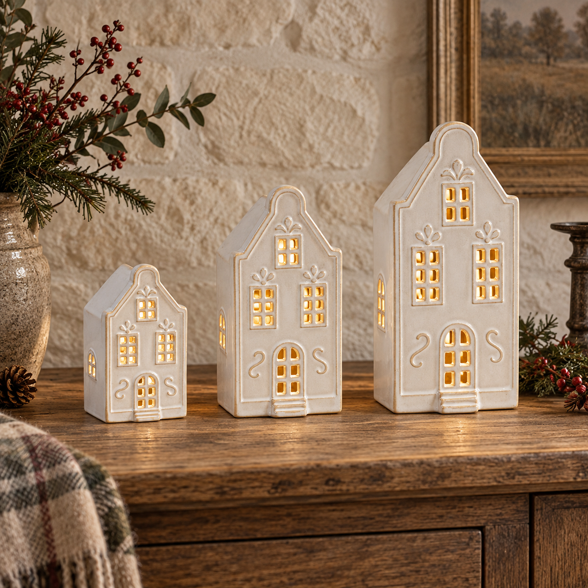White LED ceramic Christmas townhouses in Small, Medium and Large sizes styled together