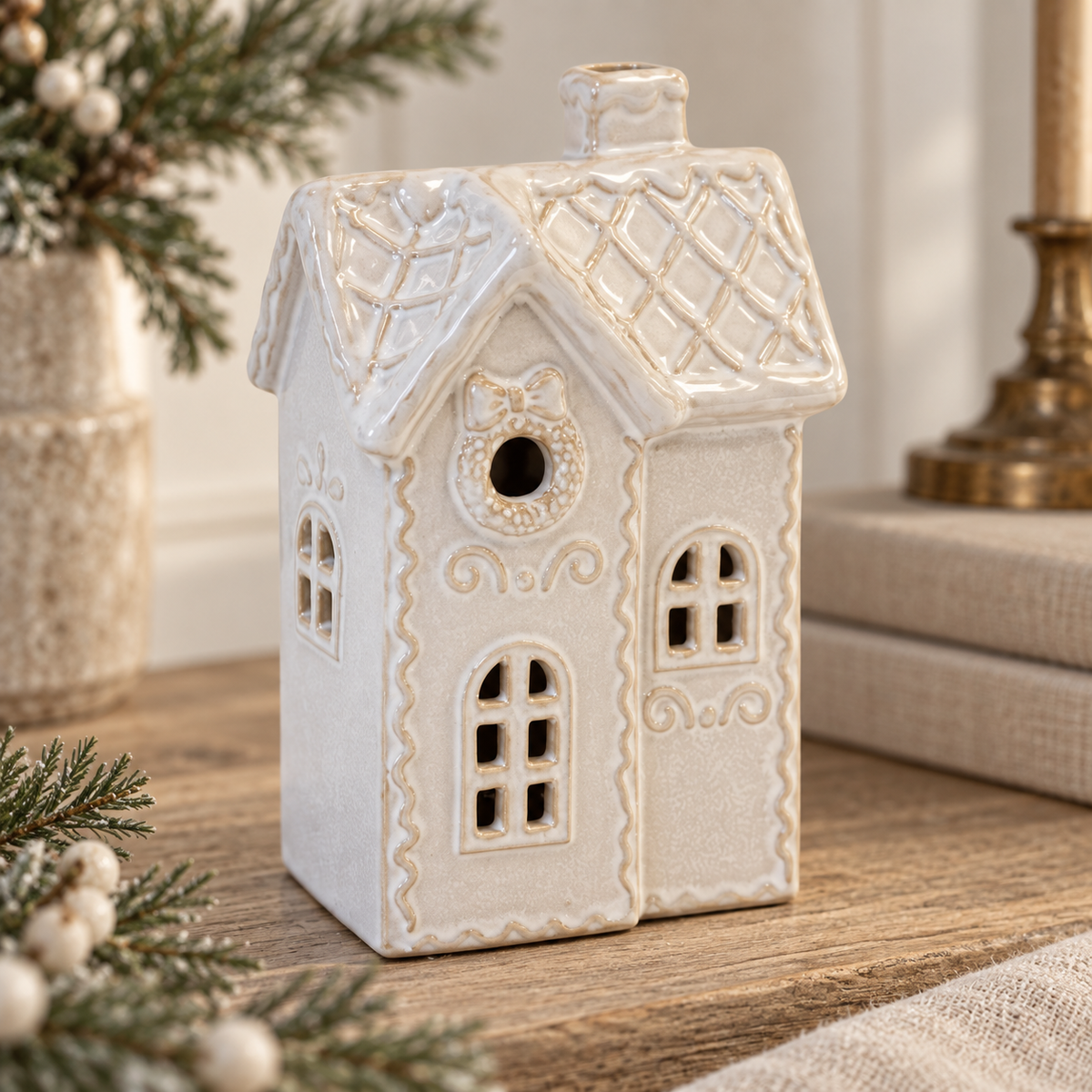 White Ceramic Light Up LED Christmas Townhouse – close-up product detail