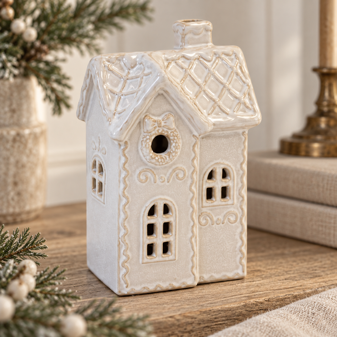 White Ceramic Light Up LED Christmas Townhouse – close-up product detail