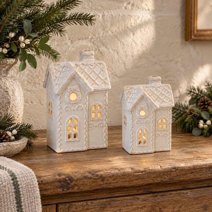 White LED ceramic decorated townhouses in Medium and Large sizes styled side by side