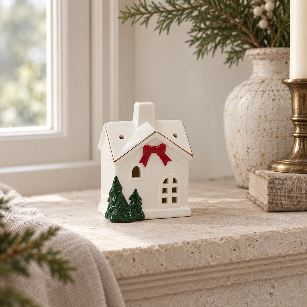 Christmas Home With Red Bow – styled British country home view