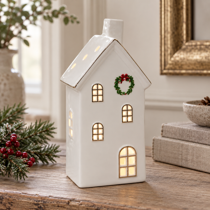 White Light Up LED House With Wreath – close-up product detail