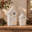 White LED ceramic houses with wreath in Medium and Large sizes styled side by side