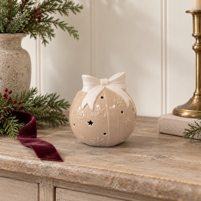 Beige Light Up LED Bauble With Bow – styled British country home view