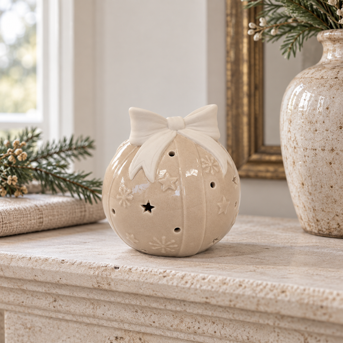 Beige Light Up LED Bauble With Bow – styled British country home view