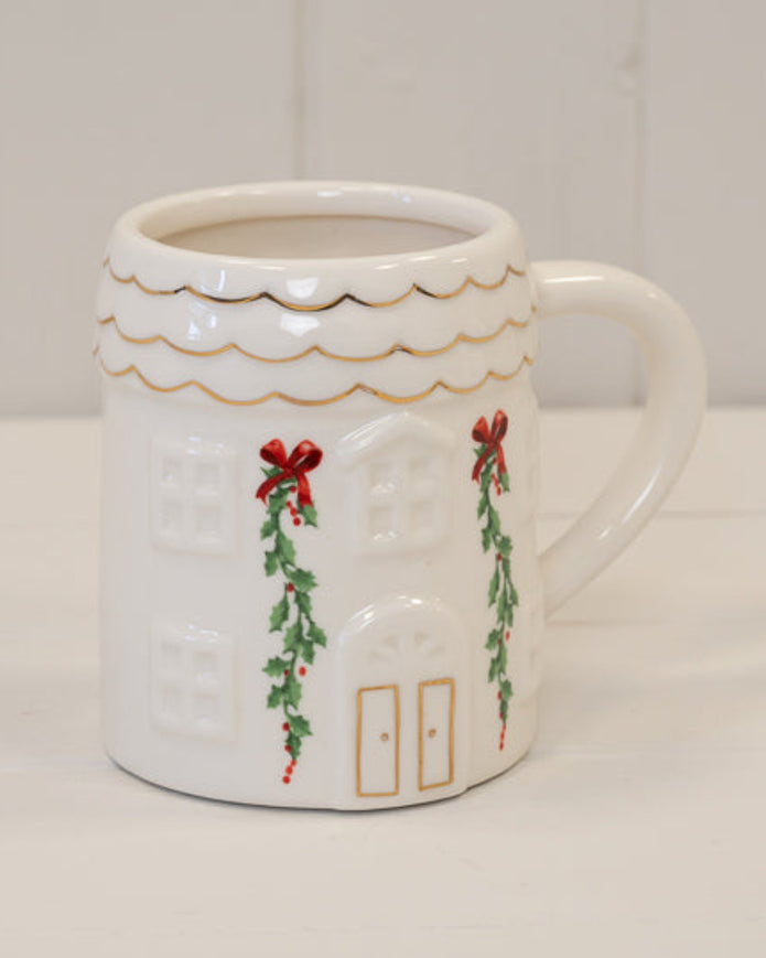 Cosy White Christmas House With Garland Mug