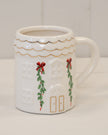 Cosy White Christmas House Mug with green garlands and red bows