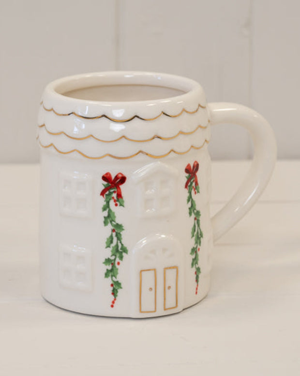 Cosy White Christmas House With Garland Mug
