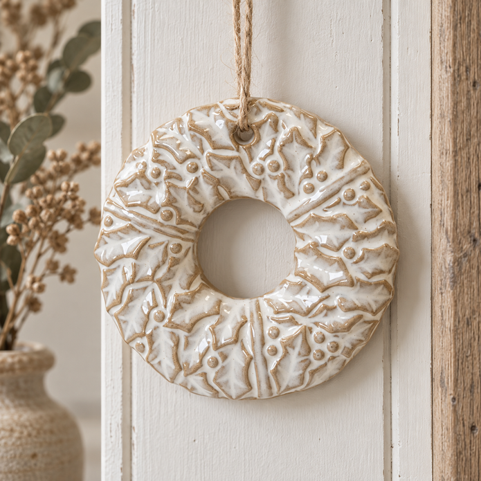 Ceramic Natural Hanging Wreath – close-up product detail