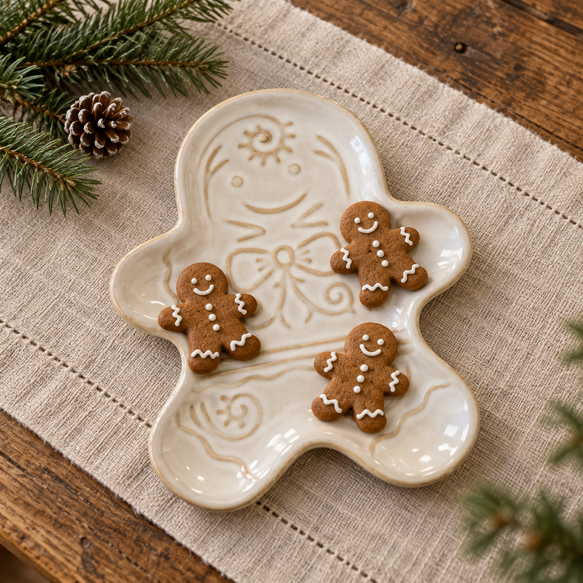 Cream ceramic gingerbread man plate lying flat with three gingerbread biscuits