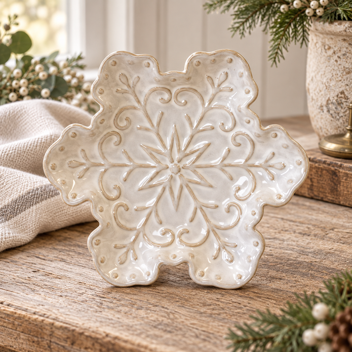 Ceramic Natural Snowflake Plate – close-up product detail