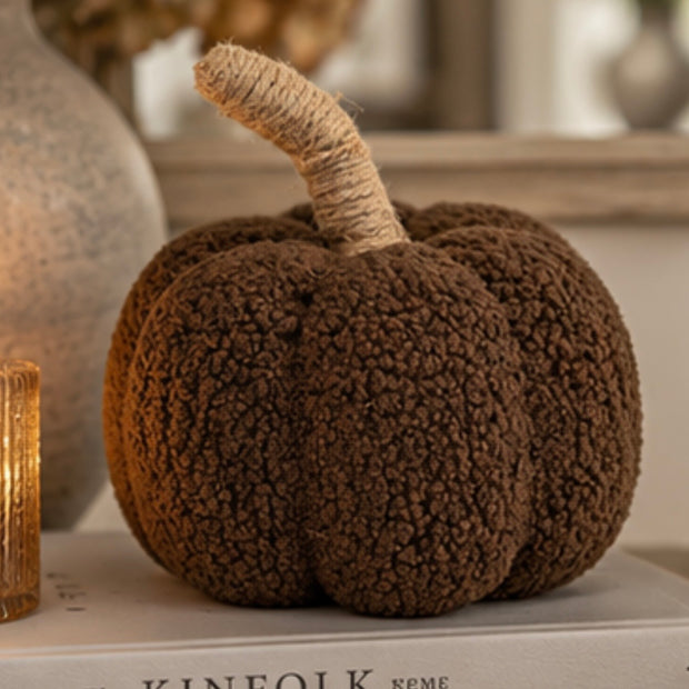 Satchville brown boucle pumpkin for autumn decor, featuring textured fabric and a warm, festive look.