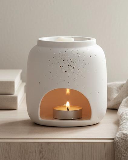 White Ceramic Loire Wax Melt & Oil Burner, white speckled burner with a lit tealight beside books