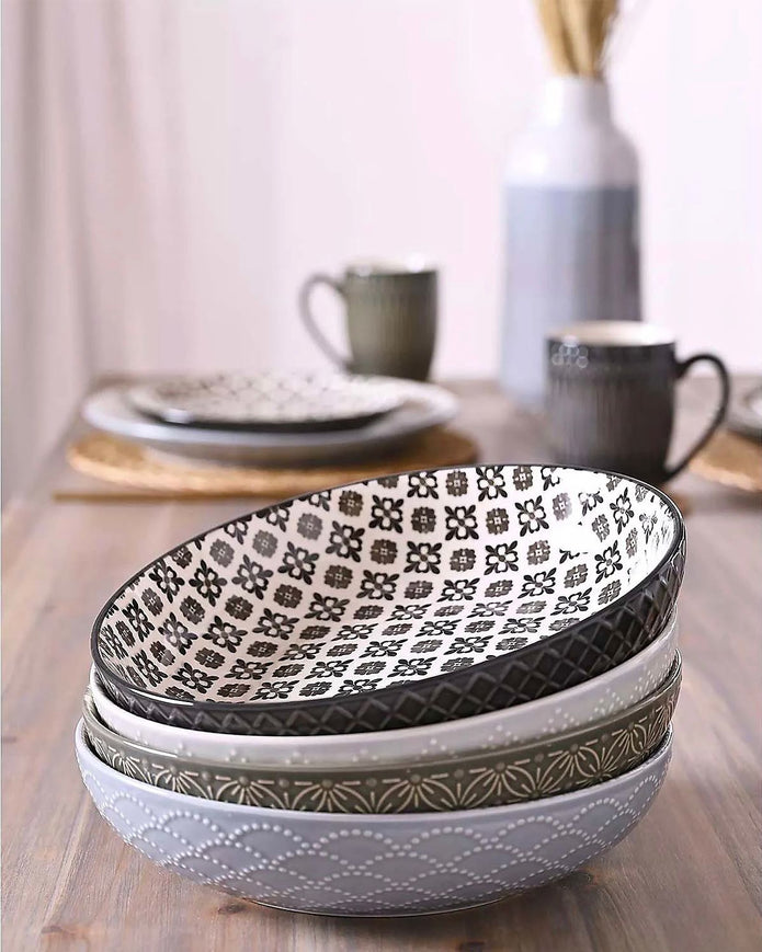 Patterned Nordic Monochrome Pasta Bowls - Set of Four
