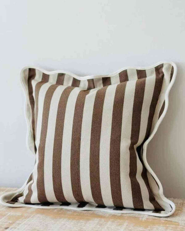 Chloe Brown Square Stripe Scalloped Cushion Cover
